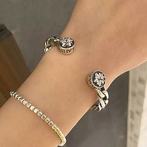 Vintage Sterling Silver Star Zircon Bangle Cuff Chain Link Design Bracelet